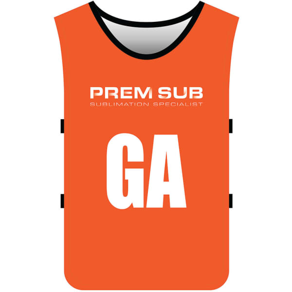An orange sports bib with a black neckline and a logo, featuring large white letters 