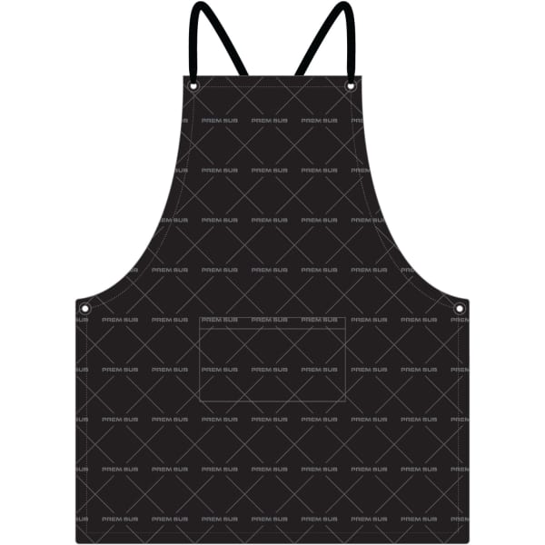 A black apron with a large front pocket and adjustable straps, featuring a discreet logo.