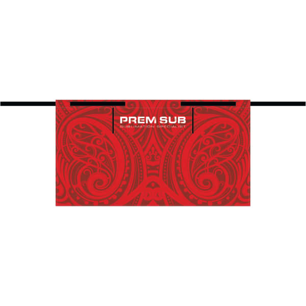 A red skirt featuring intricate patterns, with a black waistband and a branding logo.