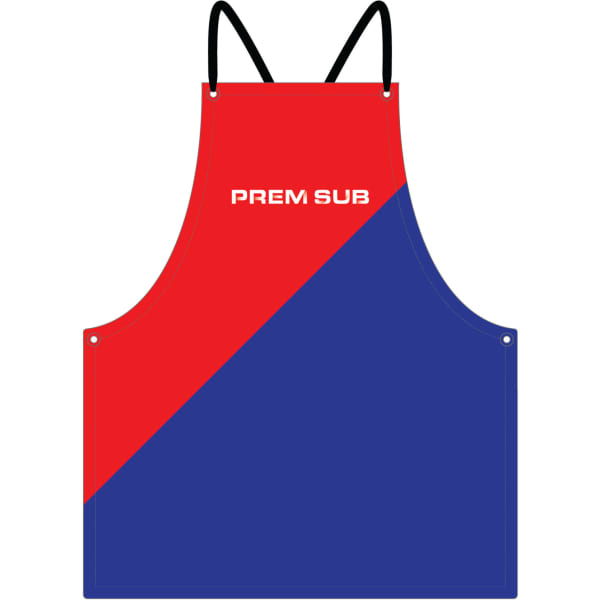 A two-tone apron featuring red and blue colours, with a black neck strap and a logo on the front.