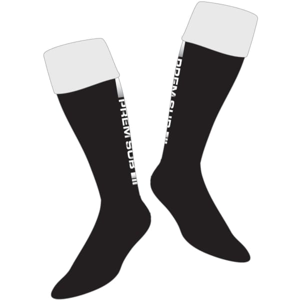 Black softball socks with a white cuff, featuring a logo on the side.