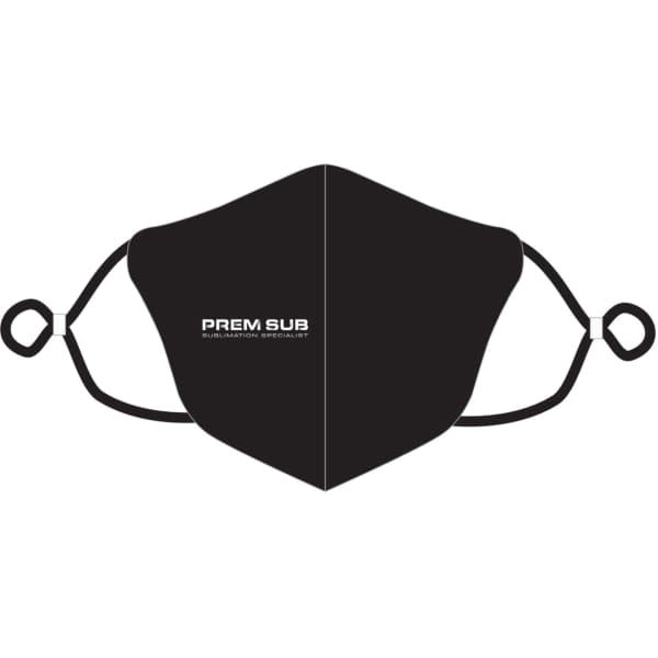 A black face mask with two panels and adjustable ear loops, featuring a logo on one side.