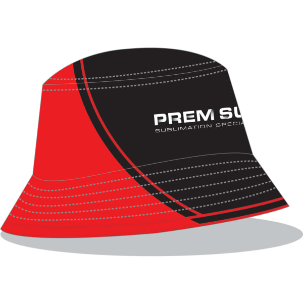 A black and red bucket hat with a logo, featuring stitched detailing along the brim.