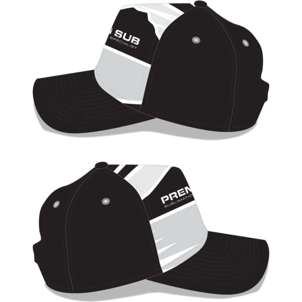 A black and white 5-panel cap featuring a logo, with a structured front and curved peak.