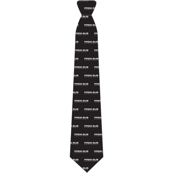 A black tie featuring a repeated logo pattern in white, showcasing a sleek and modern design.