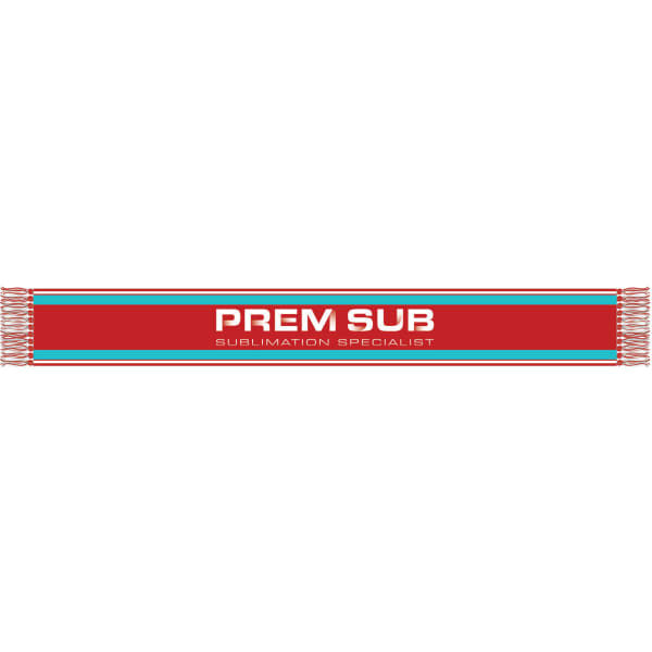 A red knitted scarf featuring white tassels and a logo, designed as a clothing accessory.