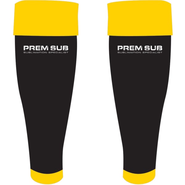 Footless socks in black with yellow cuffs. Features a logo on the front.