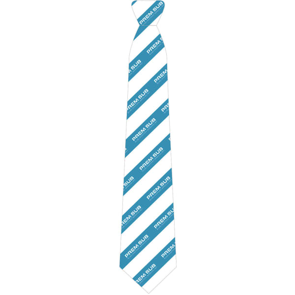 A woven tie featuring a pattern of blue and white stripes and a logo on the fabric.