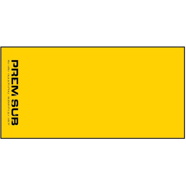 A yellow microfiber gym towel measuring 75cm x 150cm, featuring a logo on one side.