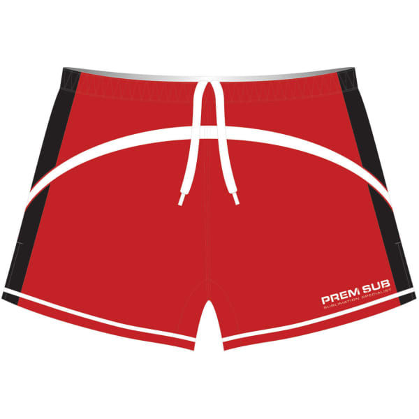Red sports shorts featuring black accents and a drawstring, with a branding logo on the side.