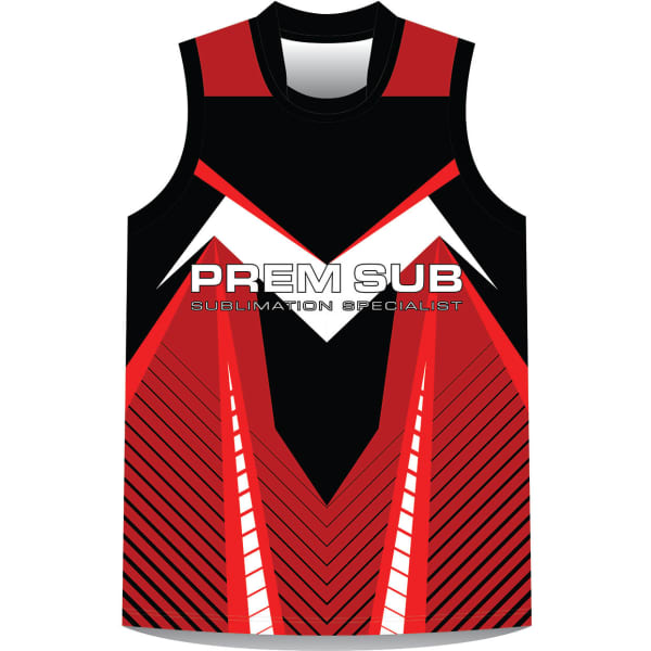 A red and black AFL singlet playing top featuring a bold design and a logo.