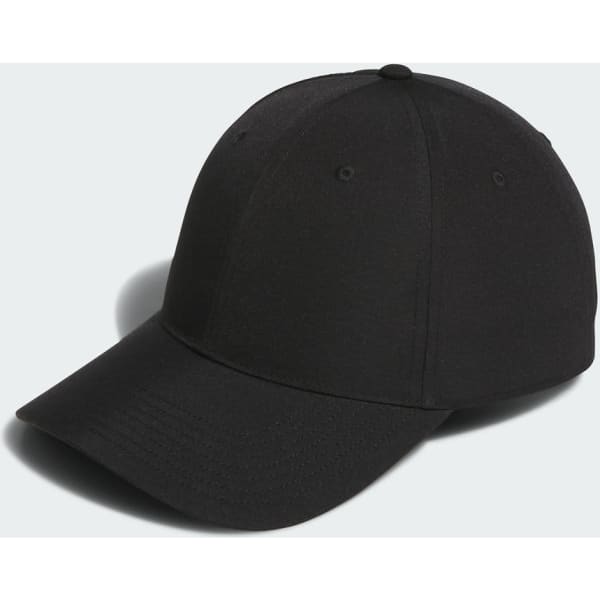 A black six-panel cap featuring a curved brim and a logo. Ideal for athletic or casual wear.