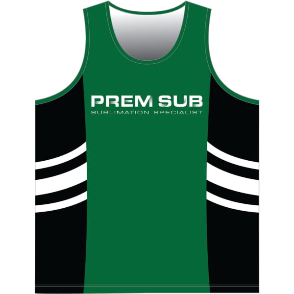 A green athletics singlet with black panels and white stripes, featuring a logo.