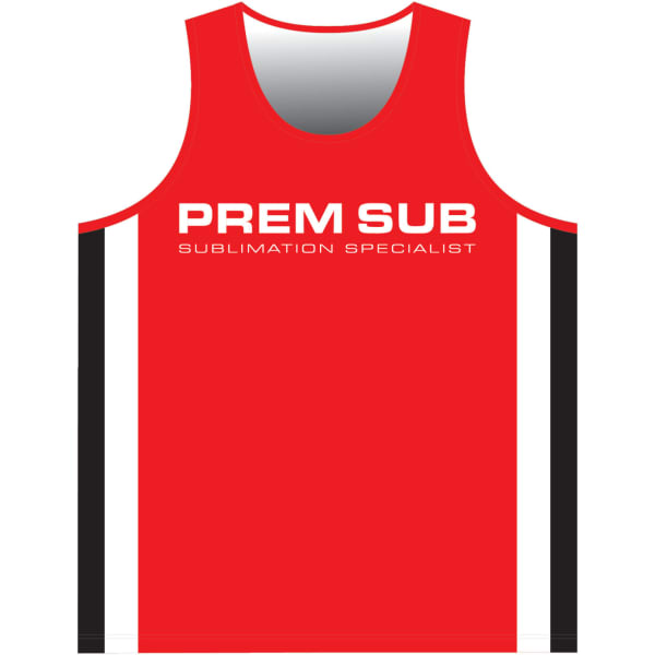 A red Athletics Singlet with black stripes and a logo, featuring a racerback design.