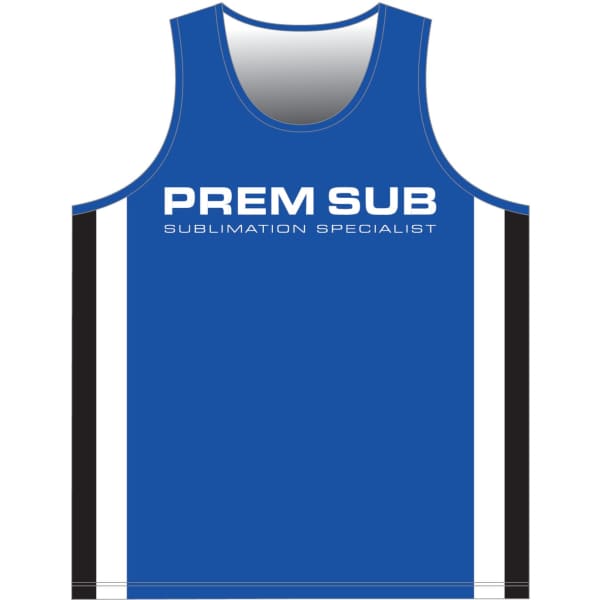 A blue athletics singlet with black side stripes and a logo featuring the words 