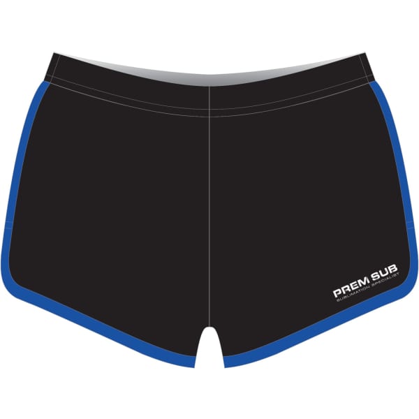 Black athletics shorts with blue trim, featuring a branding logo on the side. Suitable for sports uniforms.