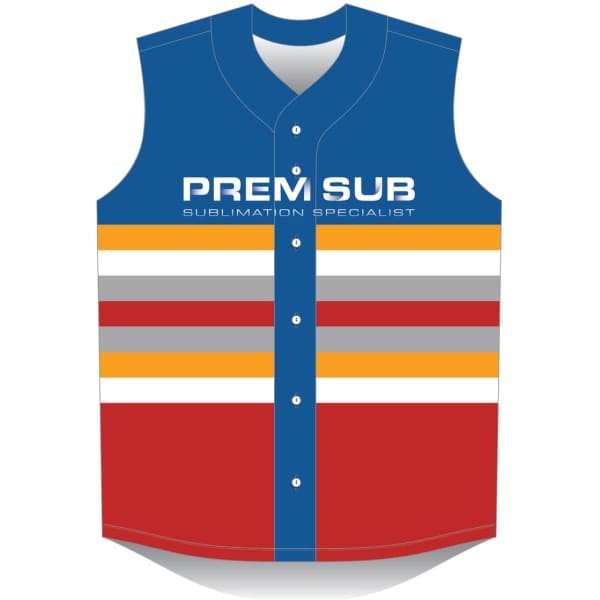 A sleeveless baseball jersey featuring blue, red, and striped designs in various colours, with a logo on the front.