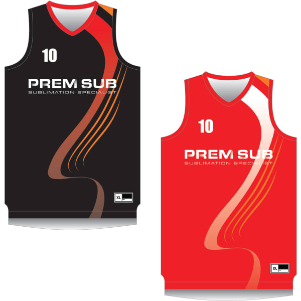 A reversible basketball singlet in black with red accents and a red version with black accents, featuring a logo.