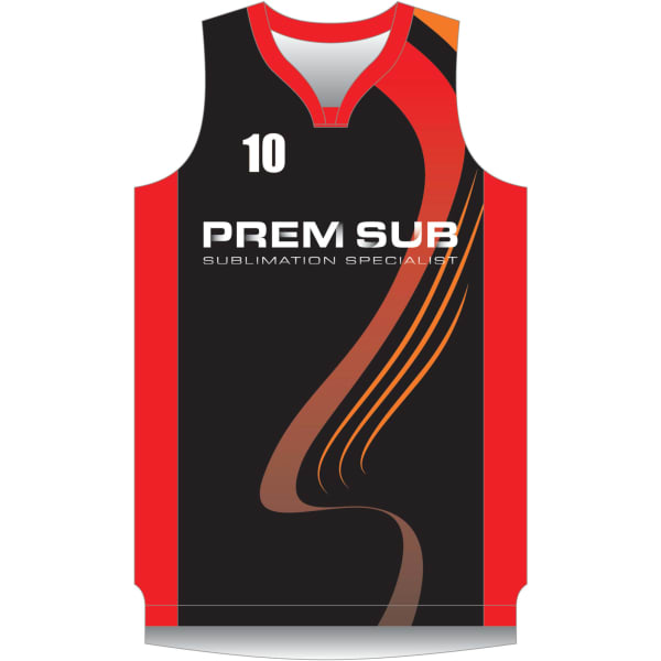 A black basketball singlet featuring red accents and a branding logo. The design includes a number '10'.
