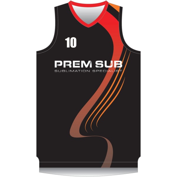 A black basketball singlet with red and orange accents, featuring a logo and the number 10.