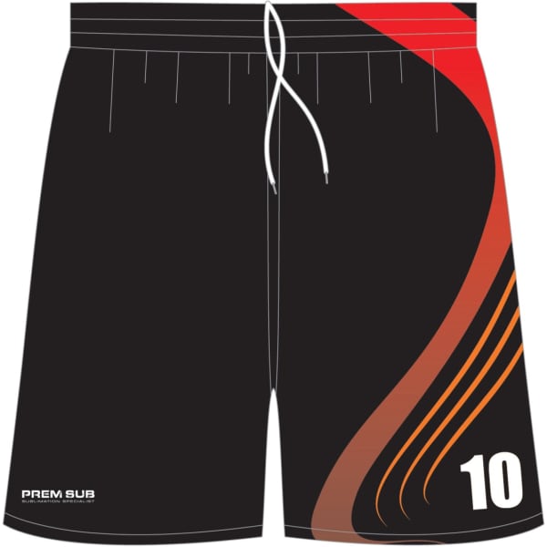 Basketball shorts in black with red and orange design accents, featuring a logo and the number 10.