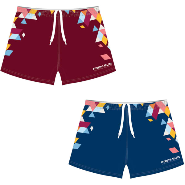 Reversible basketball shorts featuring a maroon side with geometric patterns and a blue side, both with a logo.