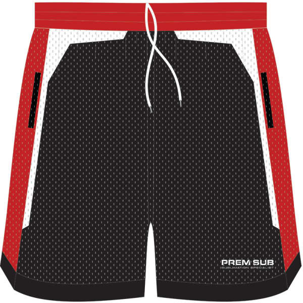 Black basketball shorts with red accents and a logo. Features mesh fabric and side pockets.