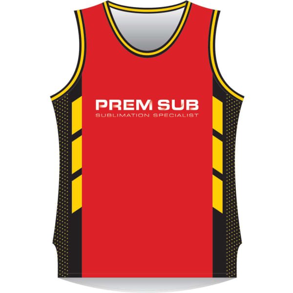 A red basketball singlet with black and yellow accents, featuring a logo on the front.