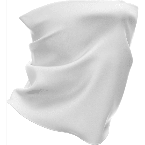 A white multifunctional headwear item with a smooth texture, featuring a subtle drape. It has a logo.