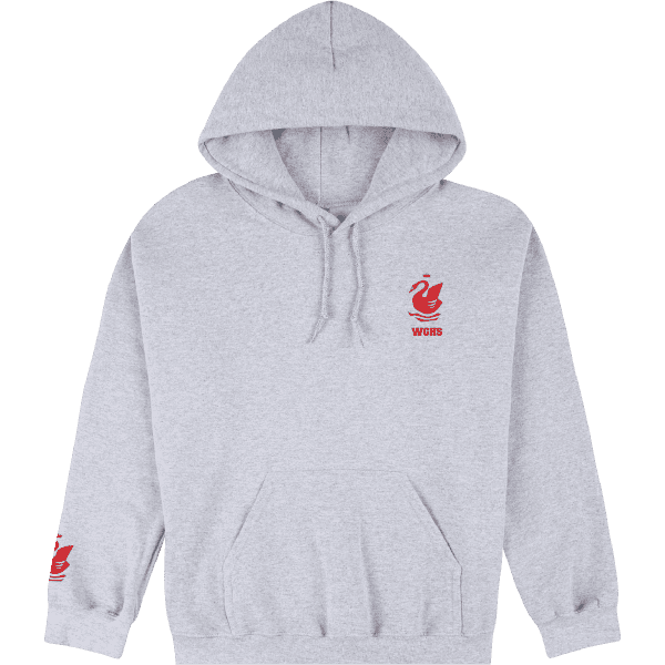 A light grey hoodie with a hood and a logo on the chest. Features long sleeves with additional branding.