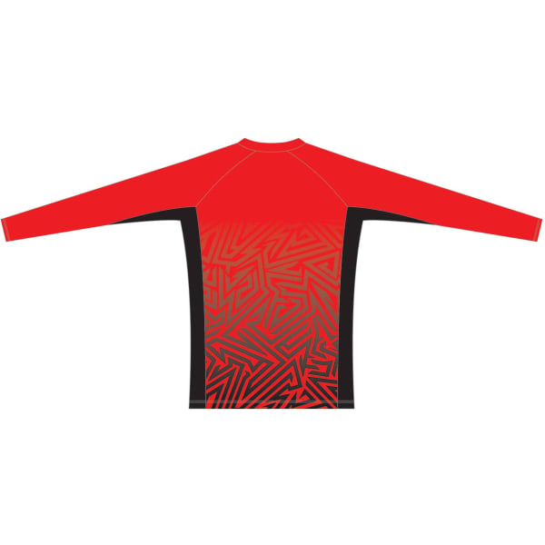 A long sleeve compression t-shirt in red and black featuring a geometric pattern and a logo.