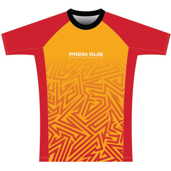 A red and yellow compression T-shirt with dynamic geometric patterns and a black neckline, featuring a logo.