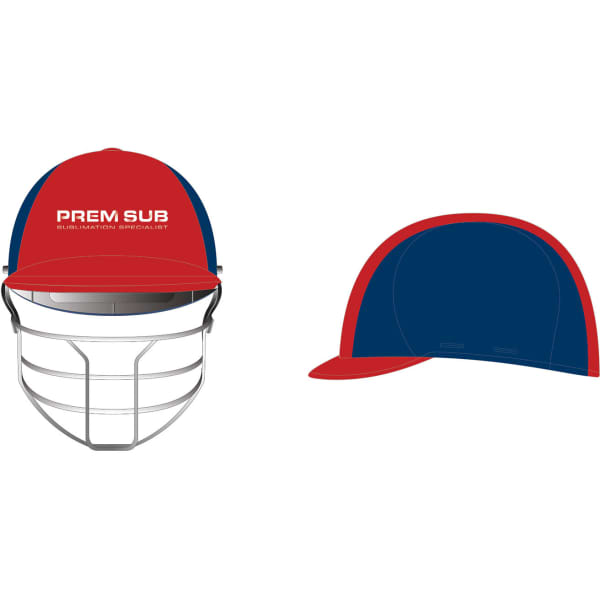 A red and navy cricket accessory helmet cover with a logo, designed to fit snugly over a helmet.
