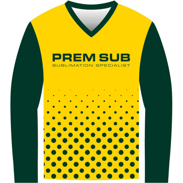 A long sleeve cricket jersey in yellow and green with a dotted pattern, featuring a logo on the front.