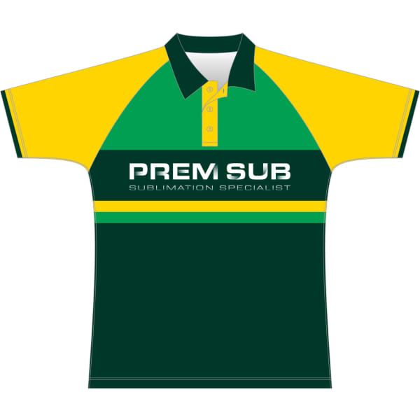 A green, yellow, and dark green Cricket Raglan Polo with a collar and a logo on the front.