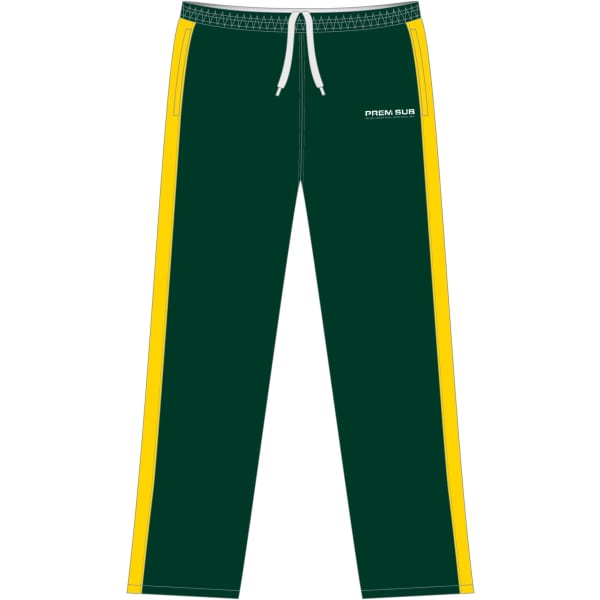 Sporty green trousers with yellow side stripes and an elastic waistband. Includes a logo on the front.