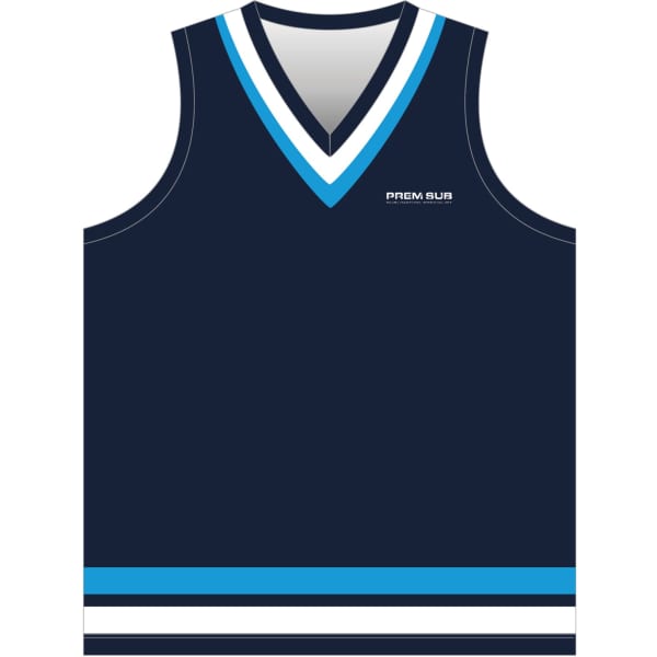 A navy cricket jersey vest with a blue and white striped design and a logo on the front.