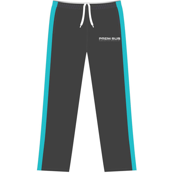 Cricket Pants Hybrid in black with turquoise side stripes, featuring a logo. Suitable for sports activities.