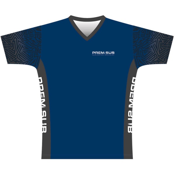 A long sleeve cycling jersey in navy blue, featuring patterned grey accents and a logo on the front.