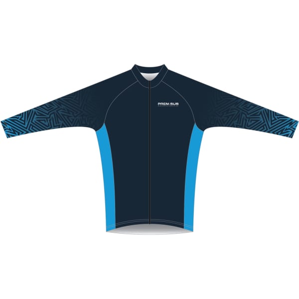 A long sleeve cycling jersey in navy blue with turquoise accents and a patterned design featuring a logo.