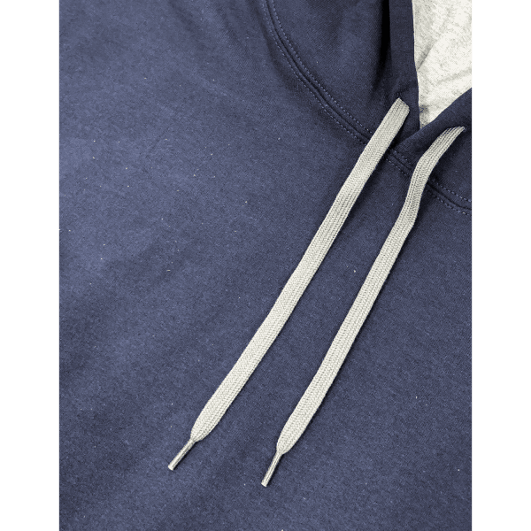 A navy hoodie featuring grey drawcords and a front kangaroo pocket. The fabric appears soft and casual.