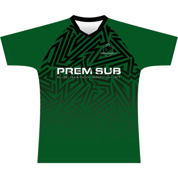 A green football jersey with a black geometric pattern and a logo. Features a short raglan sleeve design.