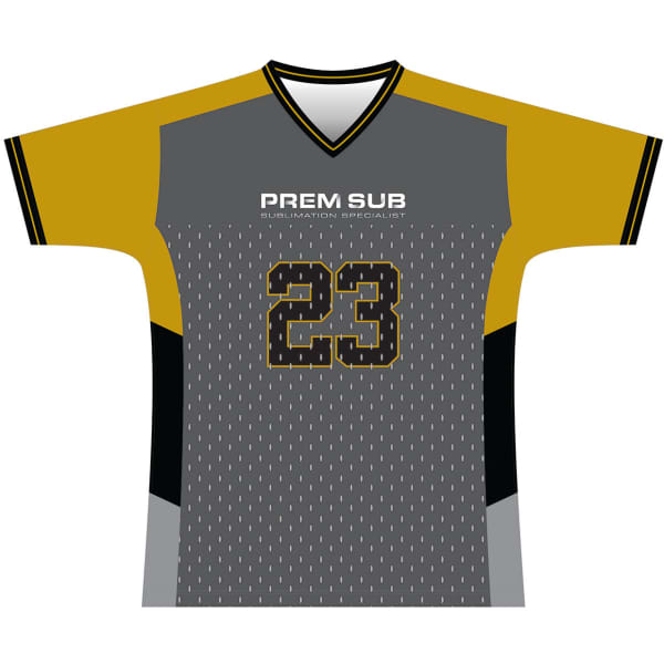A short sleeve sports jersey in grey with yellow sleeves, featuring a branding logo and number 23.