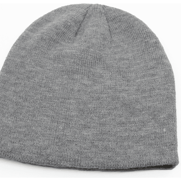 A grey beanie featuring a simple design. The item has a soft texture and a snug fit.