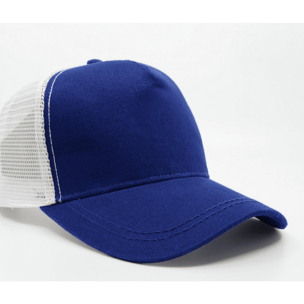 A blue trucker cap with a white mesh back and a curved brim, featuring a logo on the front.