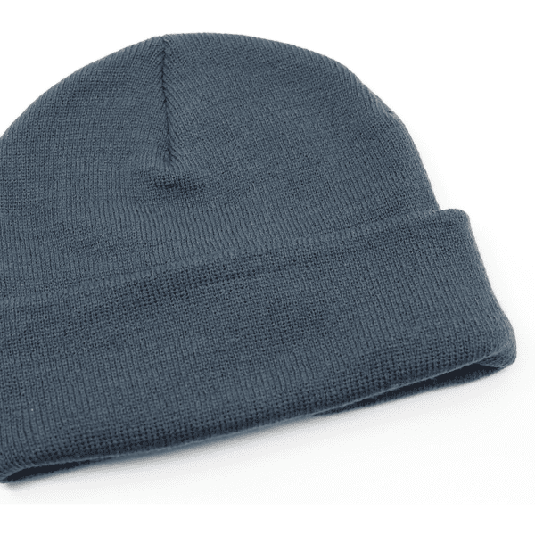 A recycled polyester knitted beanie in a dark grey colour with a cuffed design and a small logo.