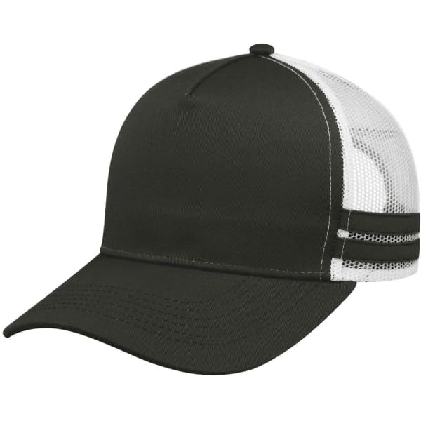 A striped trucker cap featuring a dark green front and a white mesh back, with a logo on the side.