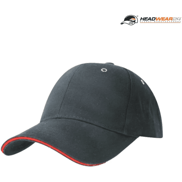 A black cap featuring a red accent on the brim and an unobtrusive logo on the front.