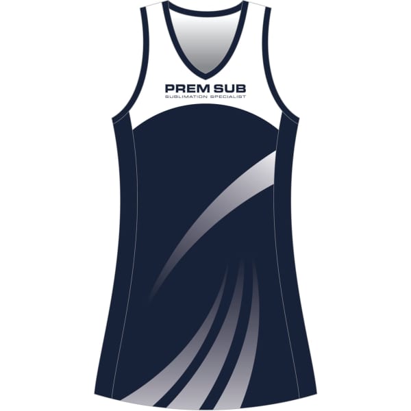 A sports dress in navy and white, featuring a sleek design with a logo on the front.
