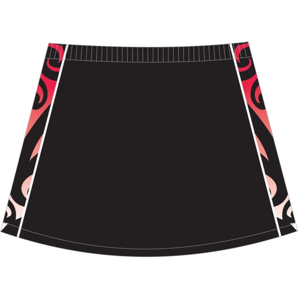 A black sports skirt with colourful side patterns and an elastic waistband. Features a logo.